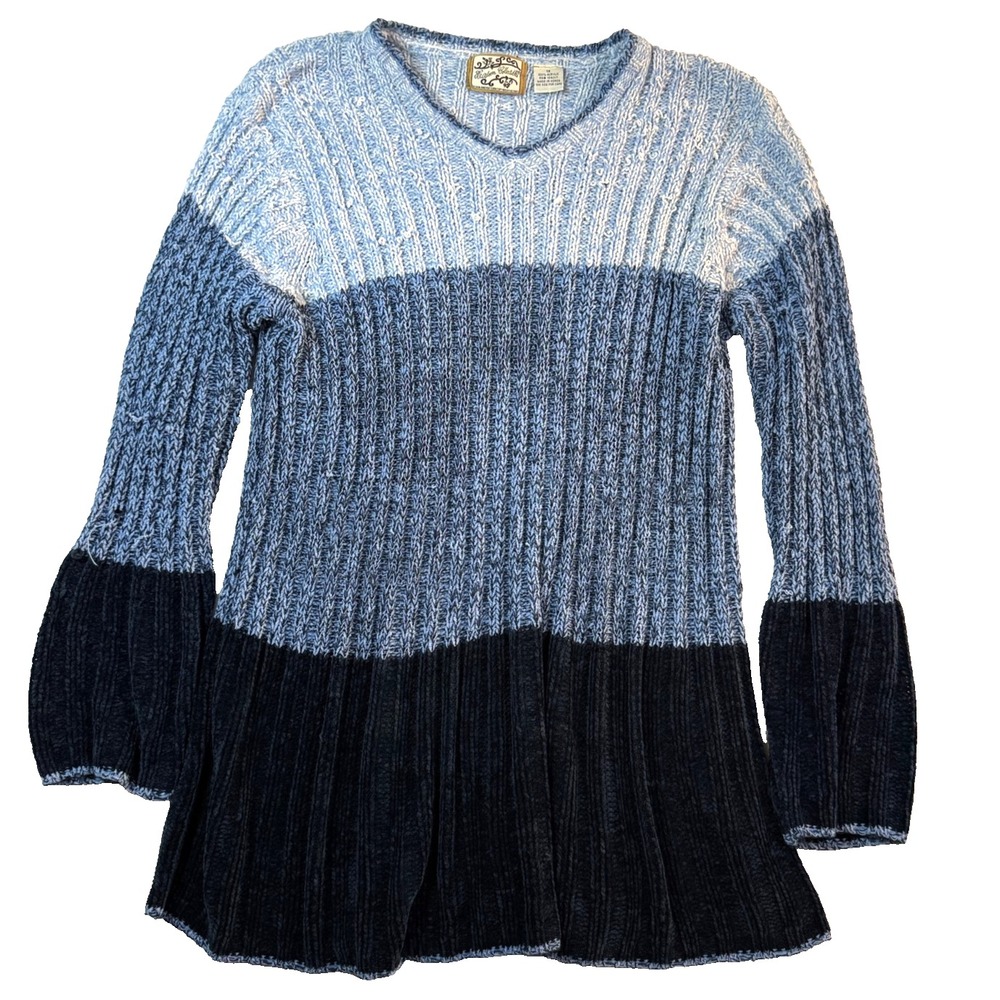 Y2K Tunic Sweater Heirloom Collectibles Womens 1X Blue Striped Knit Preppy Boho